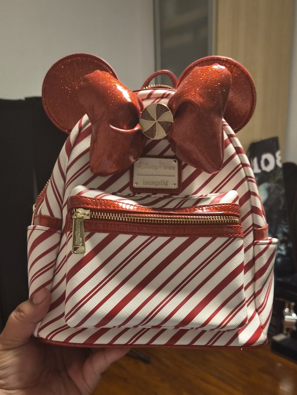 Loungefly Red & White Candy Cane Stripe Mini Backpack with Glitter Ears